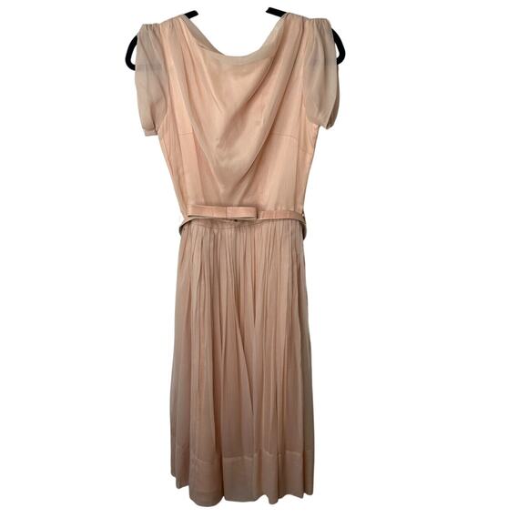 Vintage Size 15 Peach Chiffon Pleated Belted Sleeveless Dress Drape Neck BackZip - Picture 1 of 16